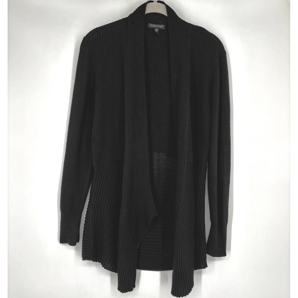 EILEEN FISHER Ribbed Open Cardigan Sz S Black 100% Merino Wool Waterfall Sweater